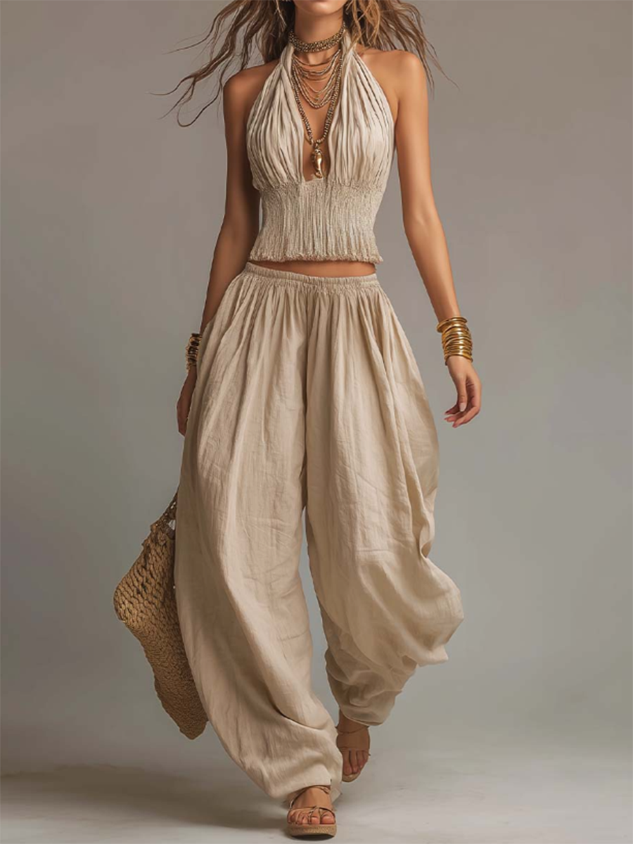 Boho Halter Top & Wide-leg Pants Two-piece Set