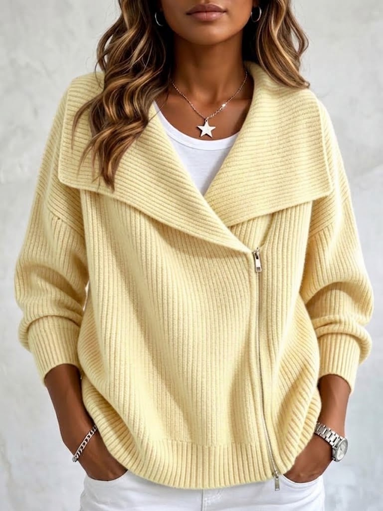 Collared Knit Jacket With Double Zippers