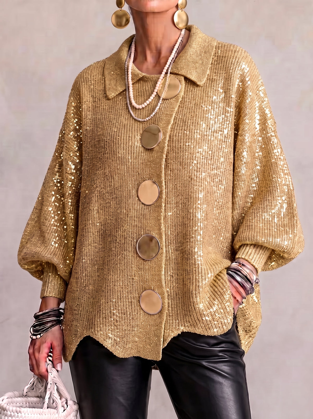 Oversized Collared Knit Cardigan With Large Metal Buttons