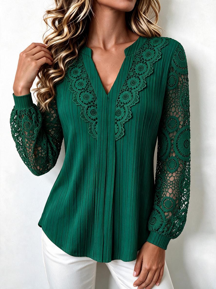 Women's solid color V-neck lace blouse