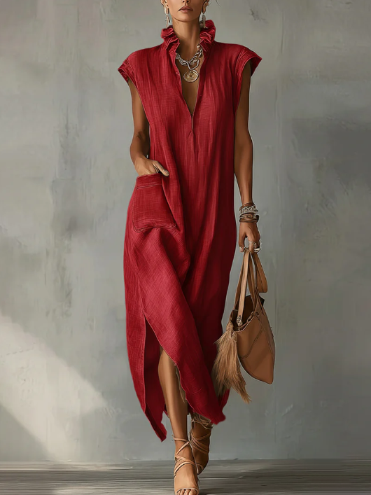 Elegant Ruff Collar Fashion Linen Cotton Midi Dress